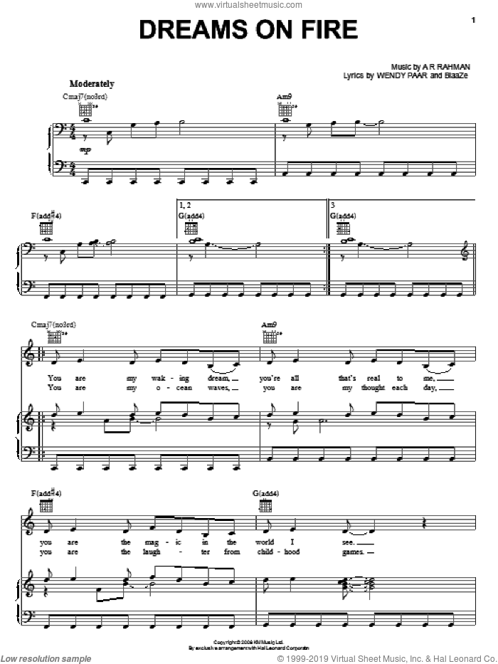 Dreams On Fire sheet music for voice, piano or guitar by A.R. Rahman, Slumdog Millionaire (Movie), BlaaZe and Wendy Paar, intermediate skill level