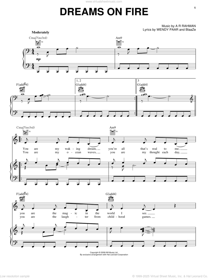 Dreams On Fire sheet music for voice, piano or guitar by A.R. Rahman, Slumdog Millionaire (Movie), BlaaZe and Wendy Paar, intermediate skill level