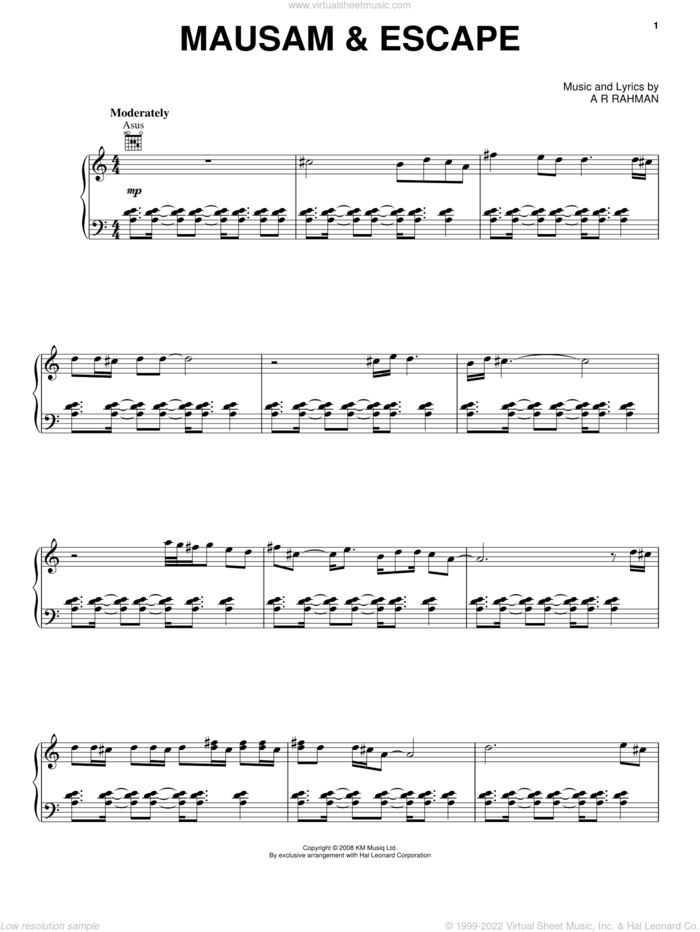 Mausam and Escape sheet music for voice, piano or guitar by A.R. Rahman and Slumdog Millionaire (Movie), intermediate skill level