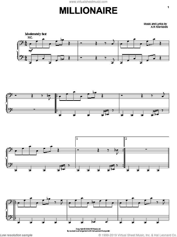 Millionaire sheet music for voice, piano or guitar by A.R. Rahman and Slumdog Millionaire (Movie), intermediate skill level