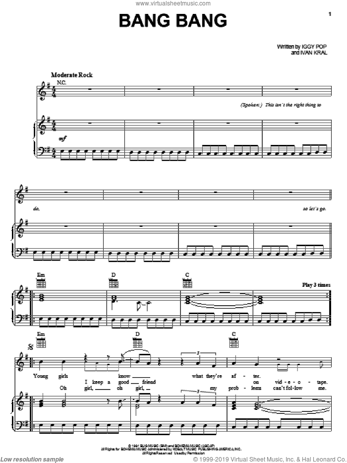 Bang Bang sheet music for voice, piano or guitar by Iggy Pop, David Bowie and Ivan Kral, intermediate skill level