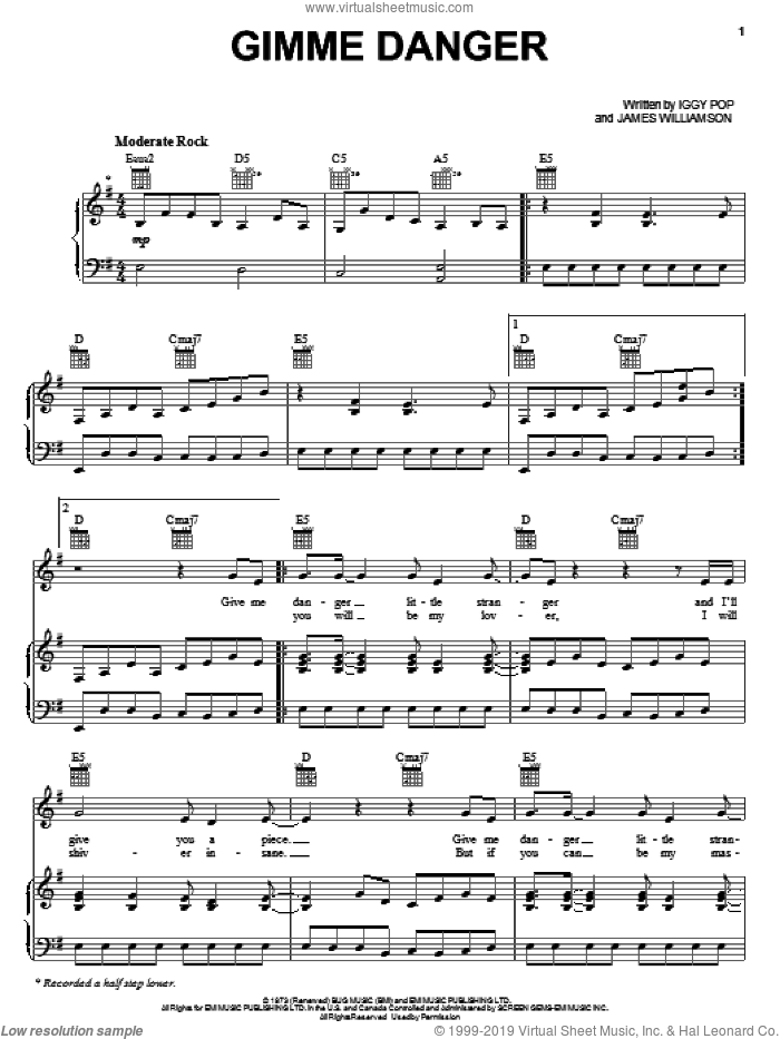 Gimme Danger sheet music for voice, piano or guitar by The Stooges, Iggy Pop and James Williamson, intermediate skill level
