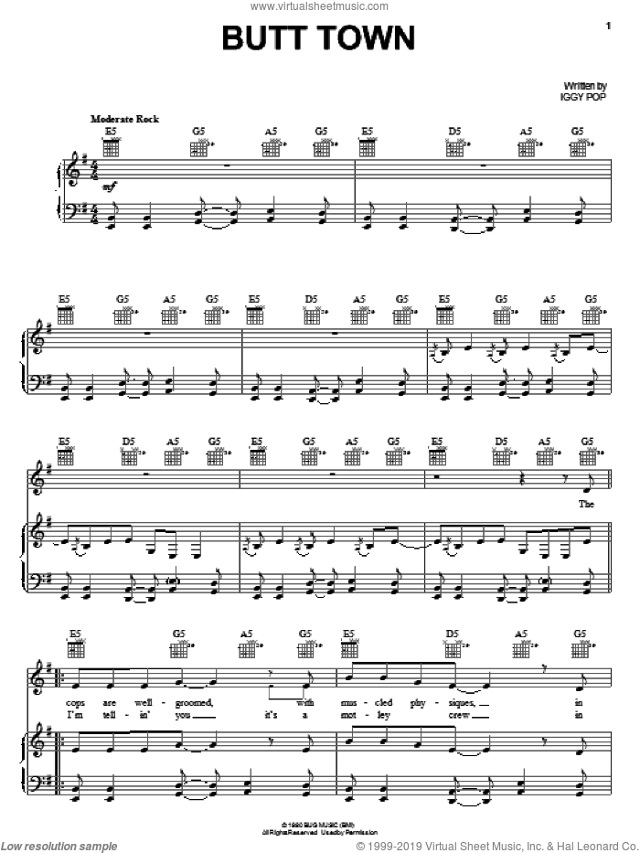 Butt Town sheet music for voice, piano or guitar by Iggy Pop, intermediate skill level