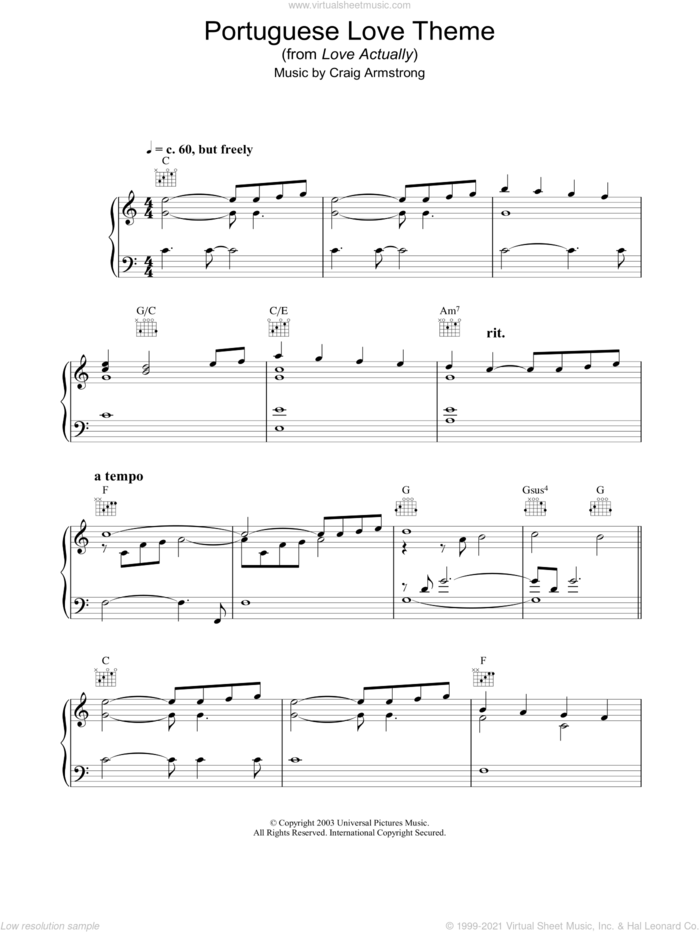 Portuguese Love Theme (from Love Actually) sheet music for piano solo by Craig Armstrong, intermediate skill level