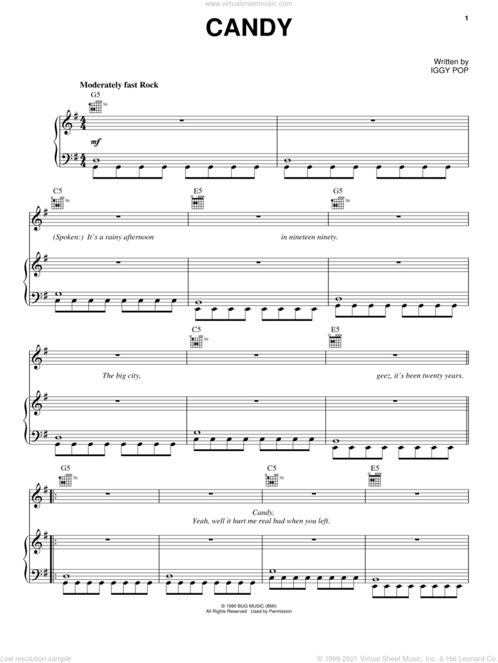 Candy sheet music for voice, piano or guitar by Iggy Pop, intermediate skill level