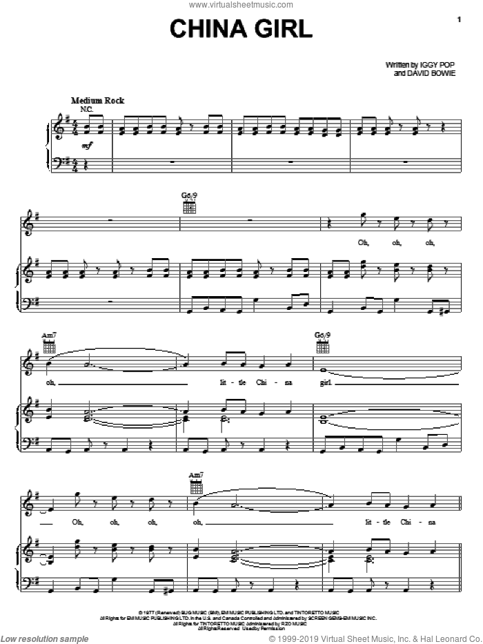 China Girl sheet music for voice, piano or guitar by Iggy Pop and David Bowie, intermediate skill level