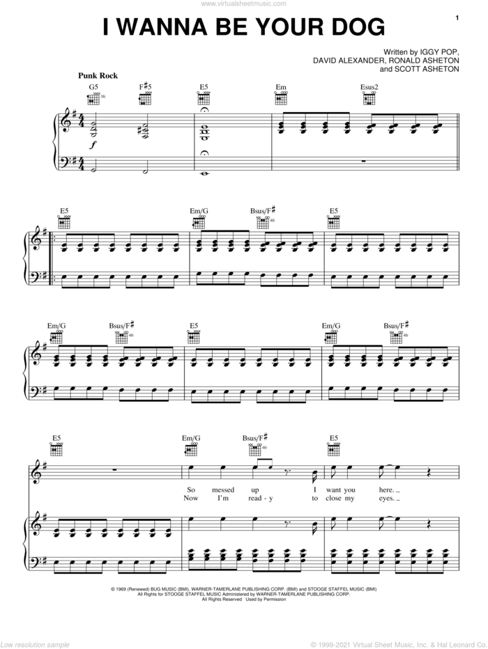 I Wanna Be Your Dog sheet music for voice, piano or guitar by The Stooges, David Alexander, Iggy Pop, Ronald Asheton and Scott Asheton, intermediate skill level