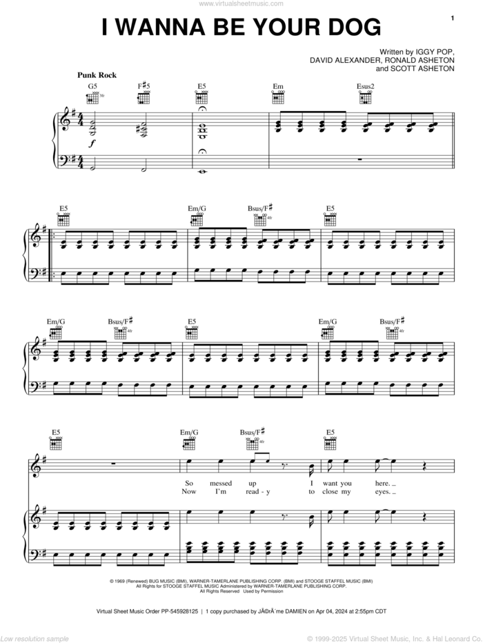 I Wanna Be Your Dog sheet music for voice, piano or guitar by The Stooges, David Alexander, Iggy Pop, Ronald Asheton and Scott Asheton, intermediate skill level