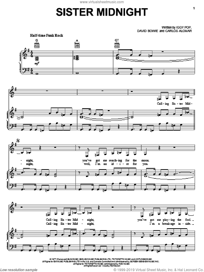 Sister Midnight sheet music for voice, piano or guitar by Iggy Pop, Carlos Alomar and David Bowie, intermediate skill level