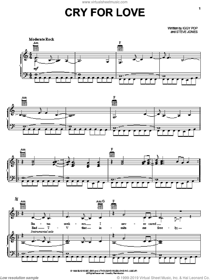 Cry For Love sheet music for voice, piano or guitar by Iggy Pop and Steve Jones, intermediate skill level
