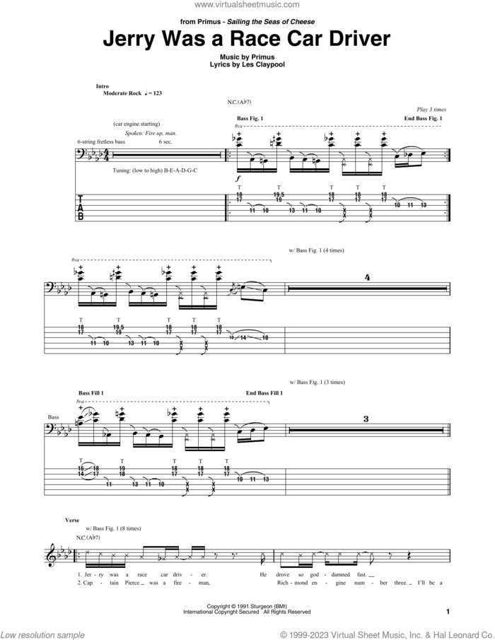 Jerry Was A Race Car Driver sheet music for bass (tablature) (bass guitar) by Primus, Leslie E. Claypool, Reid L. Lalonde III and Timothy W. Alexander, intermediate skill level