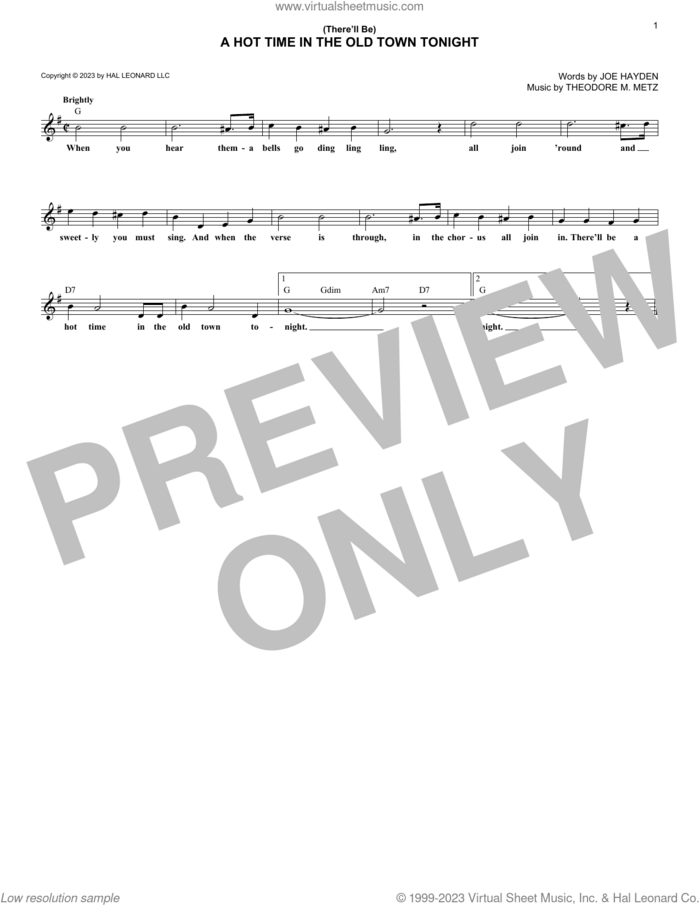 (There'll Be) A Hot Time In The Old Town Tonight sheet music for voice and other instruments (fake book) by Theodore M. Metz and Joe Hayden and Theodore M. Metz and Joe Hayden, intermediate skill level