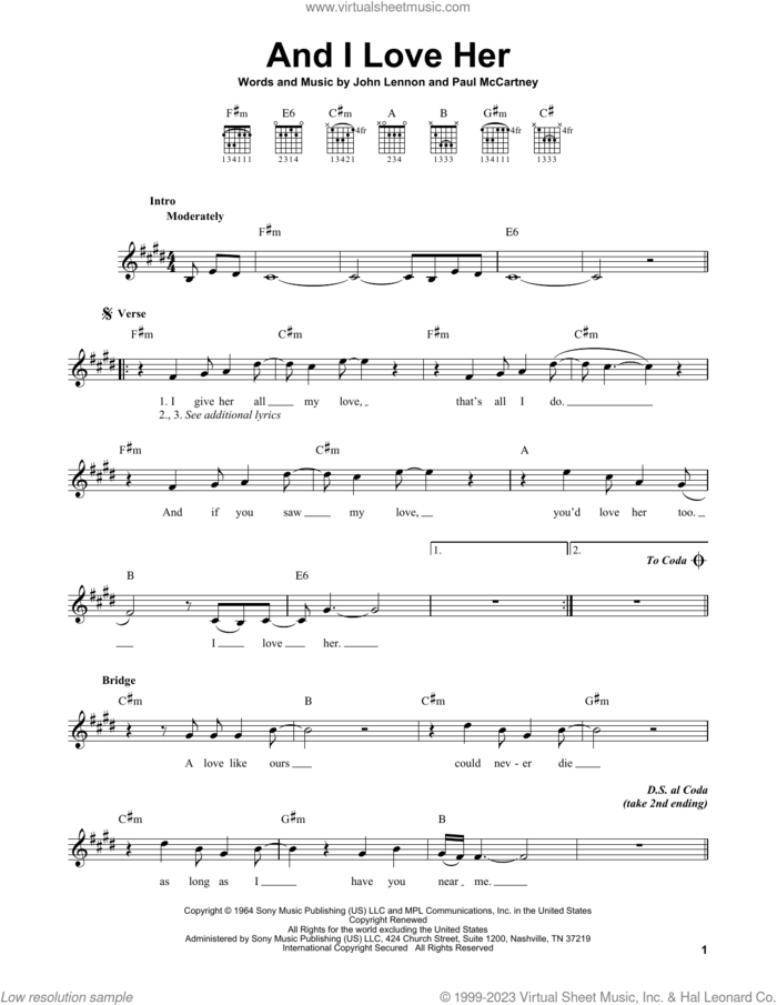 And I Love Her sheet music for guitar solo (easy tablature) by The Beatles, John Lennon and Paul McCartney, easy guitar (easy tablature)