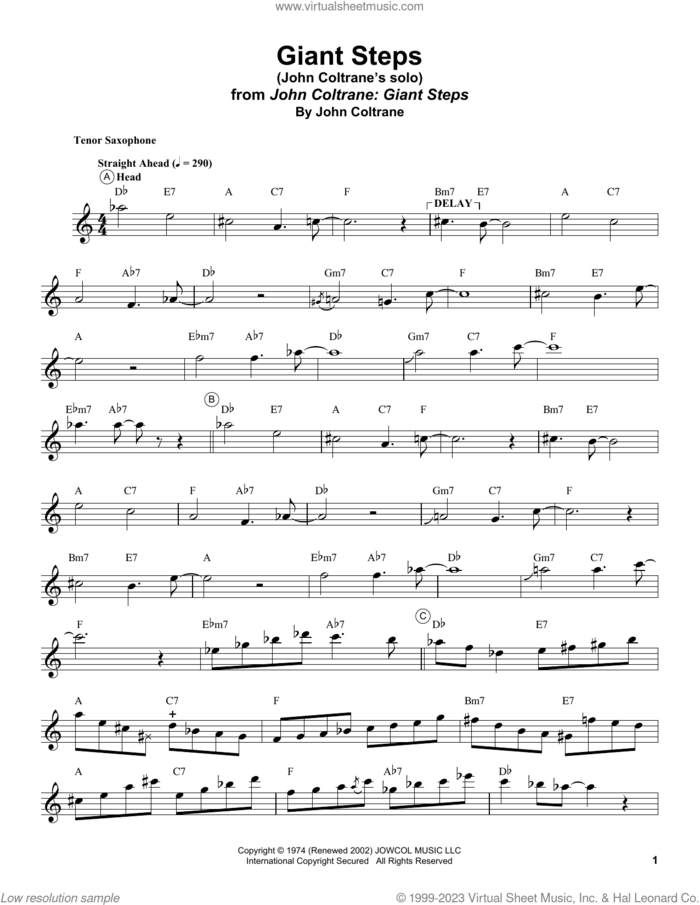 Giant Steps sheet music for tenor saxophone solo (transcription) by John Coltrane, intermediate tenor saxophone (transcription)