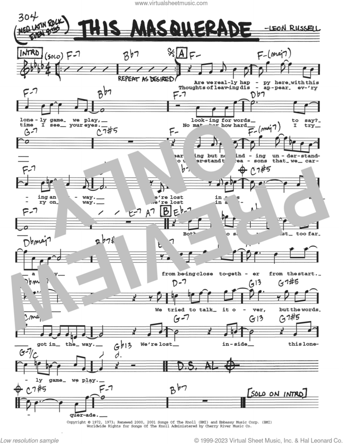 This Masquerade sheet music for voice and other instruments  by George Benson, Carpenters and Leon Russell, intermediate skill level