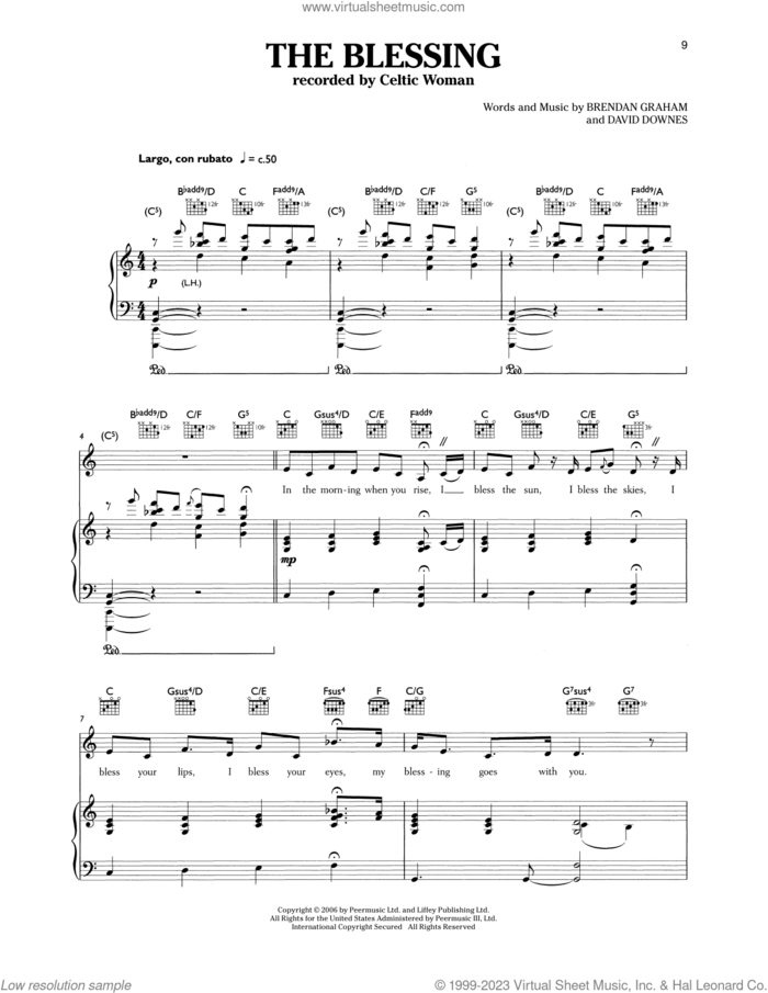 The Blessing sheet music for voice and piano by Celtic Woman, Brendan Graham and David Downes, intermediate skill level