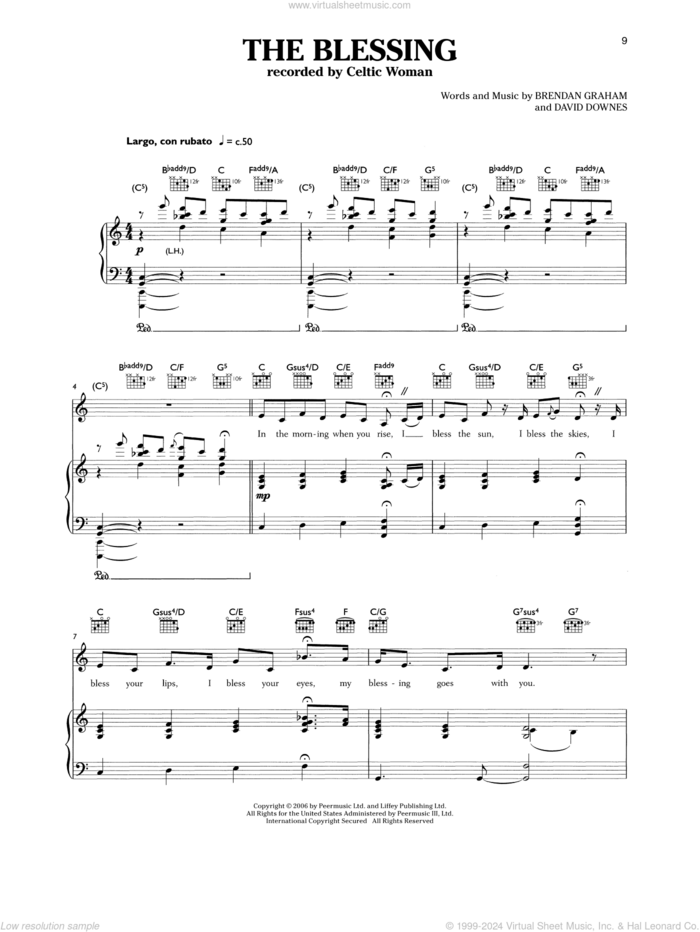 The Blessing sheet music for voice and piano by Celtic Woman, Brendan Graham and David Downes, intermediate skill level