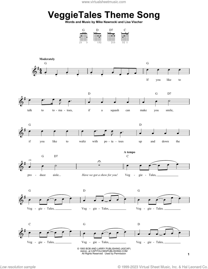VeggieTales Theme Song sheet music for guitar solo (easy tablature) by VeggieTales, Lisa Vischer and Mike Nawrocki, easy guitar (easy tablature)