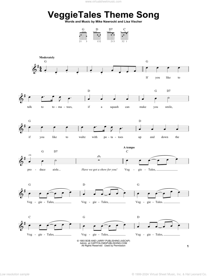 VeggieTales Theme Song sheet music for guitar solo (easy tablature) by VeggieTales, Lisa Vischer and Mike Nawrocki, easy guitar (easy tablature)