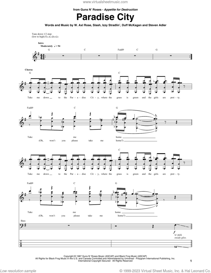 Paradise City sheet music for bass (tablature) (bass guitar) by Guns N' Roses, Axl Rose, Duff McKagan, Slash and Steven Adler, intermediate skill level