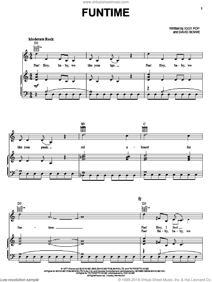 Funtime sheet music for voice, piano or guitar by Iggy Pop and David Bowie, intermediate skill level