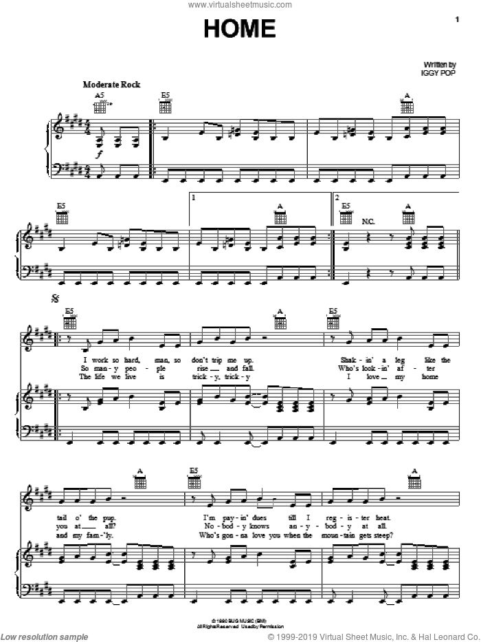 Home sheet music for voice, piano or guitar by Iggy Pop, intermediate skill level