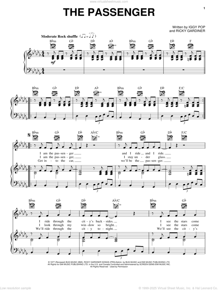 The Passenger sheet music for voice, piano or guitar by Iggy Pop and Ricky Gardiner, intermediate skill level