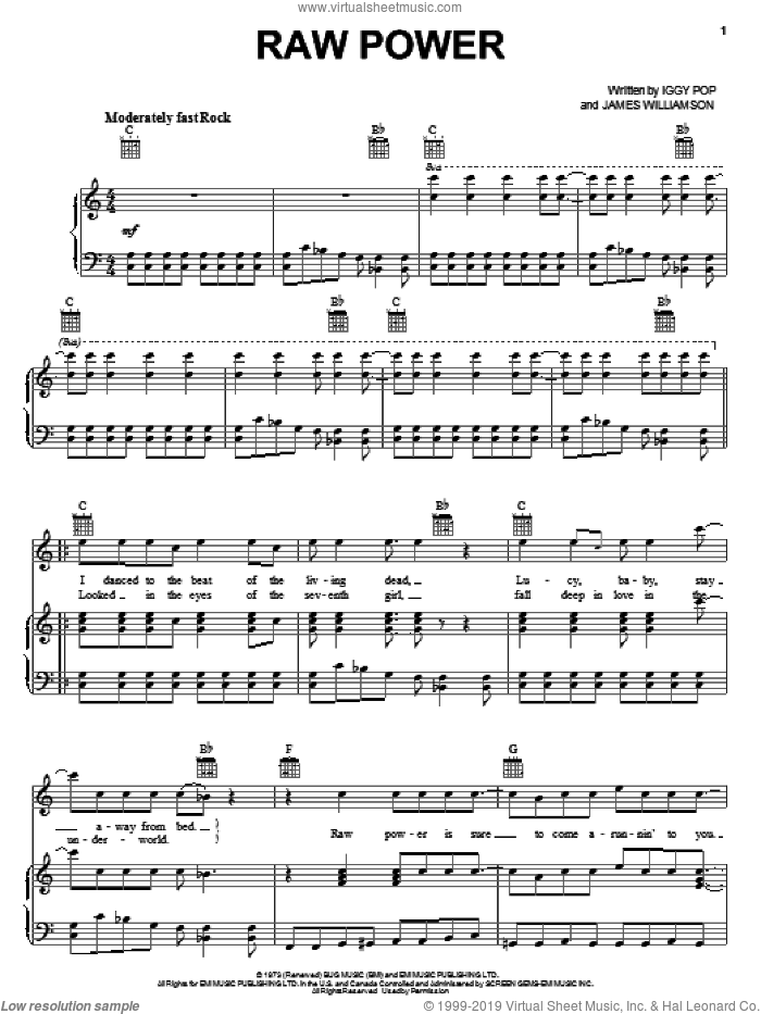 Raw Power sheet music for voice, piano or guitar by The Stooges, Iggy Pop and James Williamson, intermediate skill level