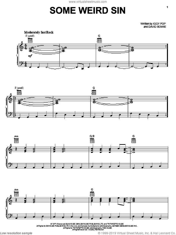 Some Weird Sin sheet music for voice, piano or guitar by Iggy Pop and David Bowie, intermediate skill level