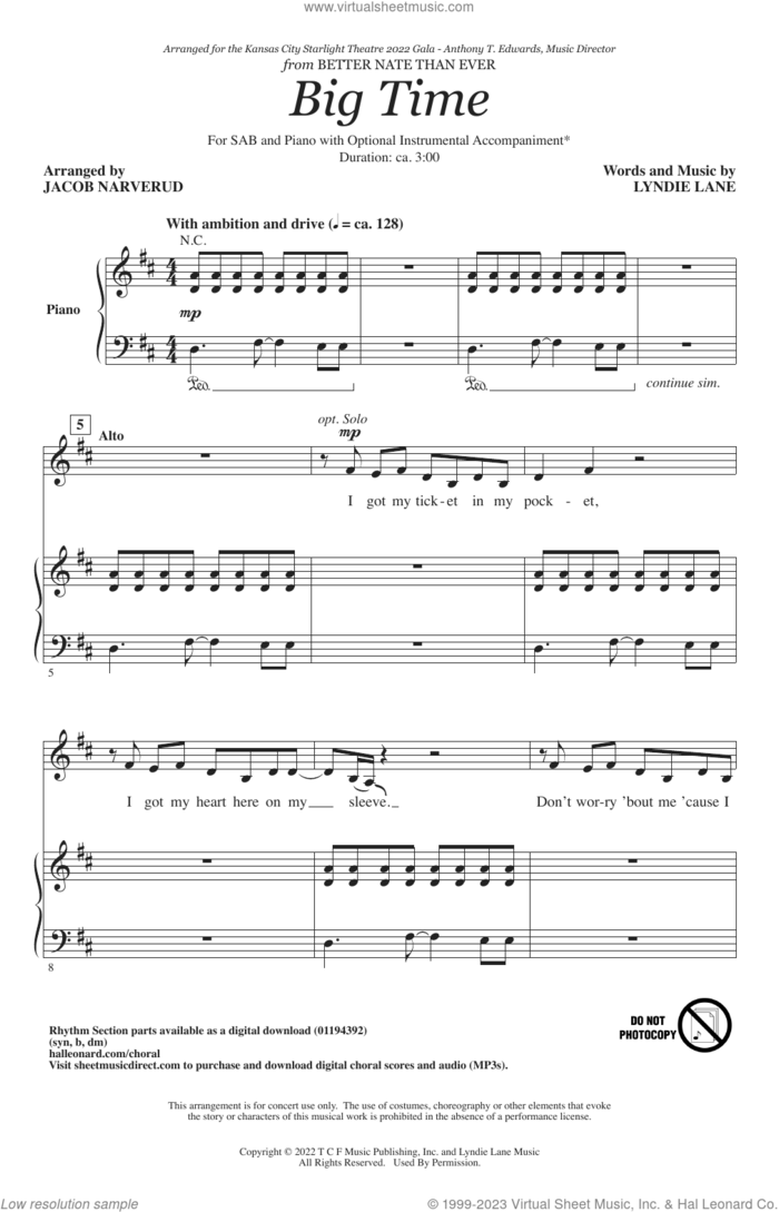 Big Time (from Better Nate Than Ever) (arr. Jacob Narverud) sheet music for choir (SAB: soprano, alto, bass) by Lyndie Lane and Jake Narverud, intermediate skill level
