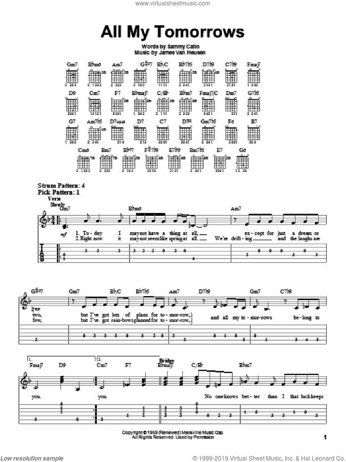 All My Tomorrows sheet music for guitar solo (easy tablature) by Frank Sinatra, Jimmy van Heusen and Sammy Cahn, easy guitar (easy tablature)