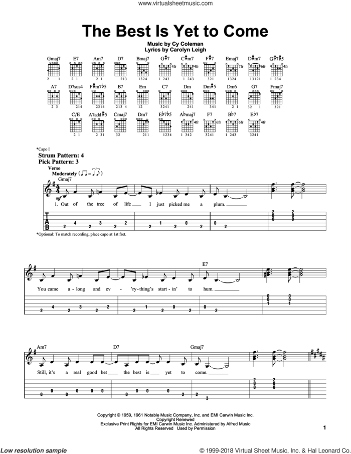 The Best Is Yet To Come sheet music for guitar solo (easy tablature) by Frank Sinatra, Carolyn Leigh and Cy Coleman, easy guitar (easy tablature)
