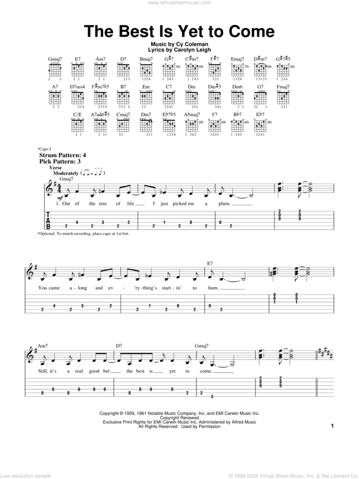 The Best Is Yet To Come sheet music for guitar solo (easy tablature) by Frank Sinatra, Carolyn Leigh and Cy Coleman, easy guitar (easy tablature)