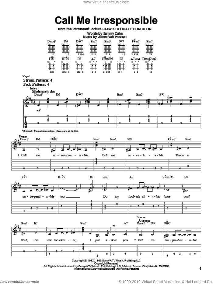 Call Me Irresponsible sheet music for guitar solo (easy tablature) by Frank Sinatra, Jimmy van Heusen and Sammy Cahn, easy guitar (easy tablature)