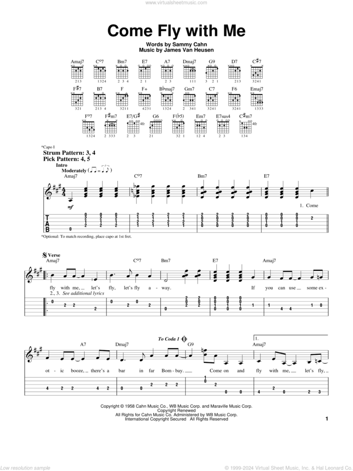 Come Fly With Me sheet music for guitar solo (easy tablature) by Frank Sinatra, Jimmy van Heusen and Sammy Cahn, easy guitar (easy tablature)