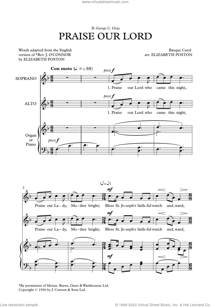 Praise Our Lord sheet music for choir (2-Part) by Elizabeth Poston, classical score, intermediate duet