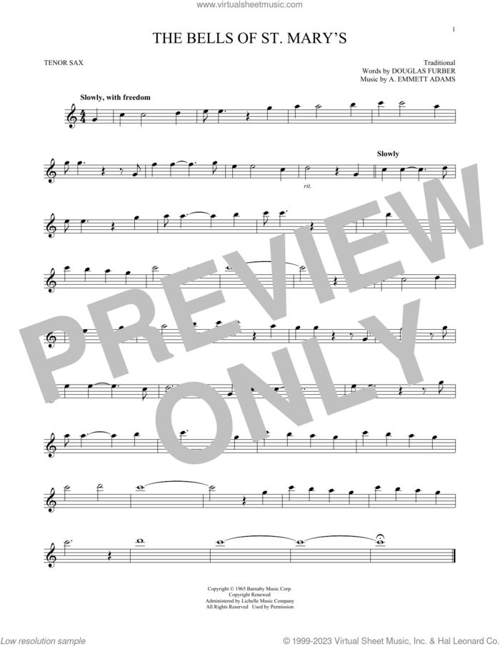 The Bells Of St. Mary's sheet music for tenor saxophone solo by Douglas Furber, Andy Williams and A. Emmett Adams, intermediate skill level