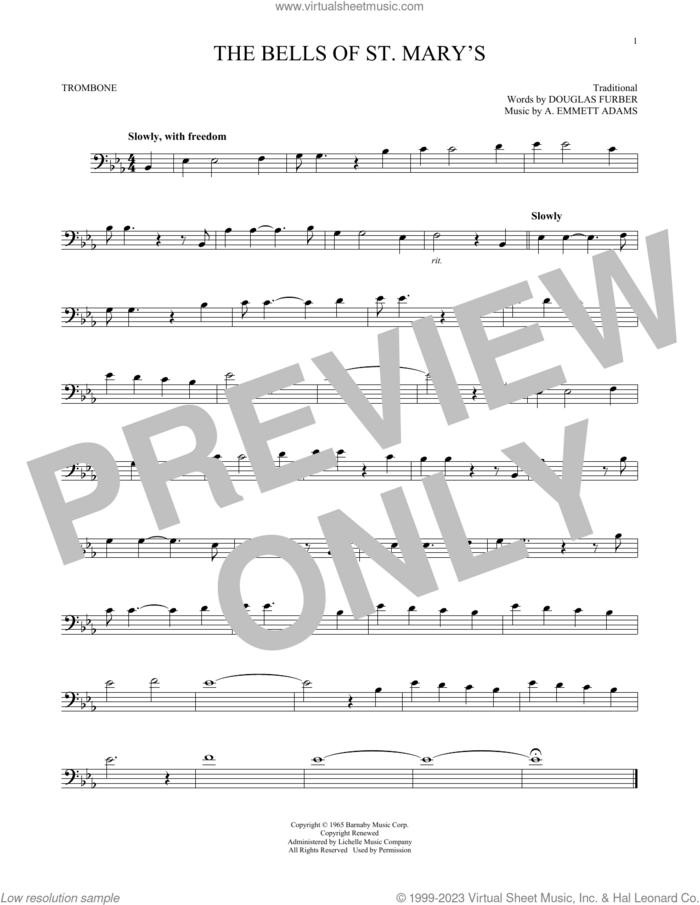 The Bells Of St. Mary's sheet music for trombone solo by Douglas Furber, Andy Williams and A. Emmett Adams, intermediate skill level