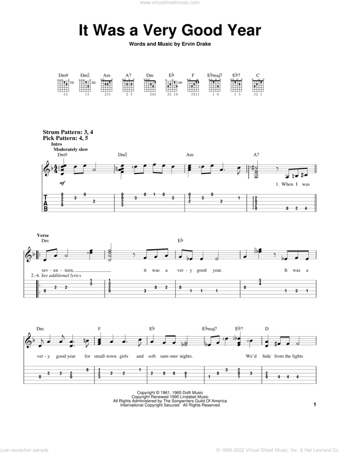It Was A Very Good Year sheet music for guitar solo (easy tablature) by Frank Sinatra and Ervin Drake, easy guitar (easy tablature)