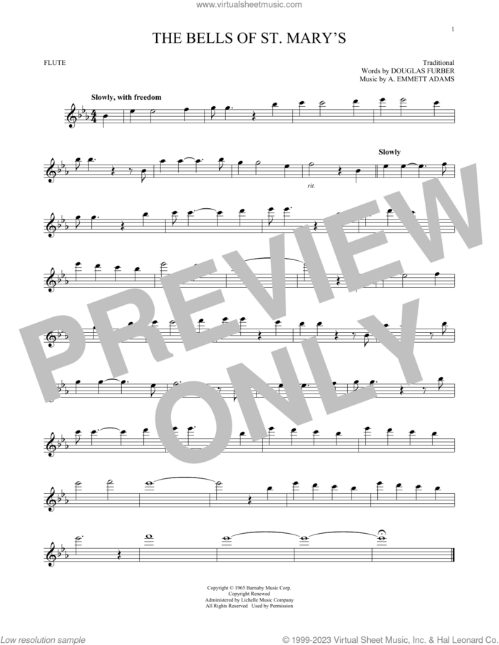 The Bells Of St. Mary's sheet music for flute solo by Douglas Furber, Andy Williams and A. Emmett Adams, intermediate skill level