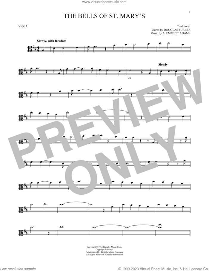 The Bells Of St. Mary's sheet music for viola solo by Douglas Furber, Andy Williams and A. Emmett Adams, intermediate skill level