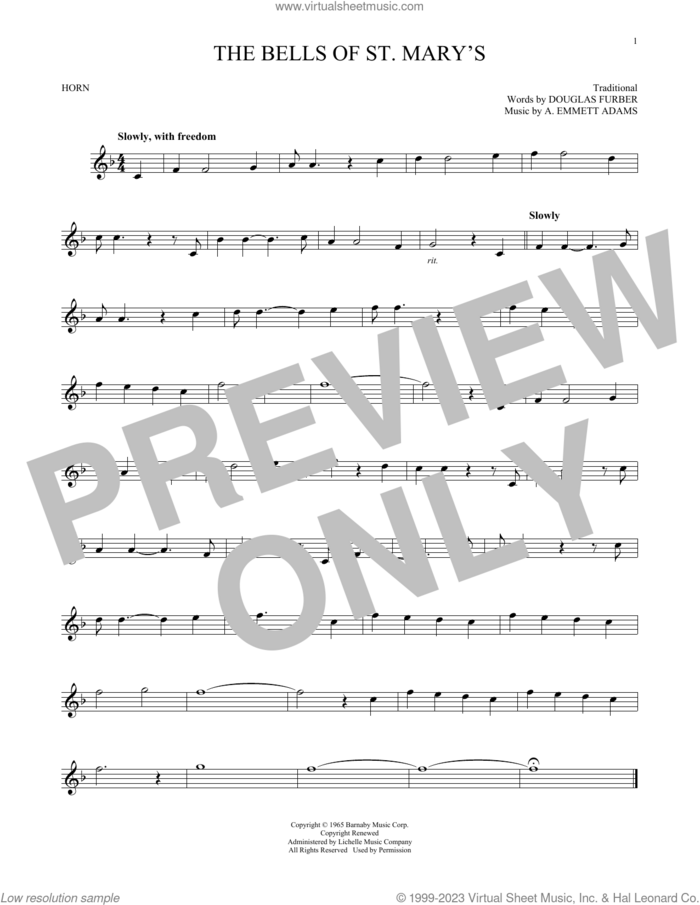 The Bells Of St. Mary's sheet music for horn solo by Douglas Furber, Andy Williams and A. Emmett Adams, intermediate skill level
