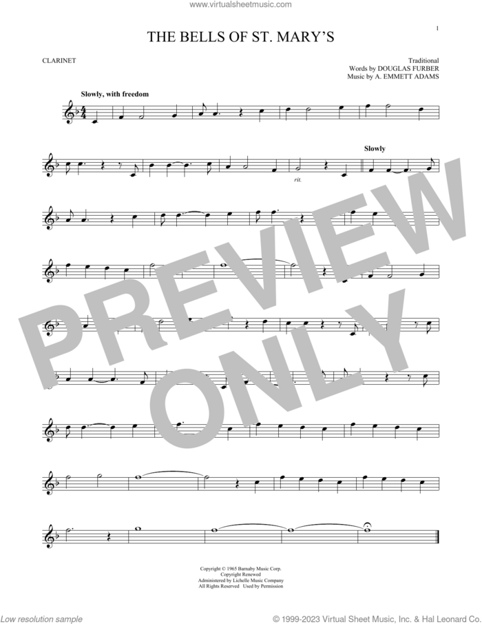 The Bells Of St. Mary's sheet music for clarinet solo by Douglas Furber, Andy Williams and A. Emmett Adams, intermediate skill level