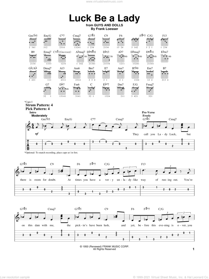 Luck Be A Lady sheet music for guitar solo (easy tablature) by Frank Sinatra, Guys And Dolls (Musical) and Frank Loesser, easy guitar (easy tablature)