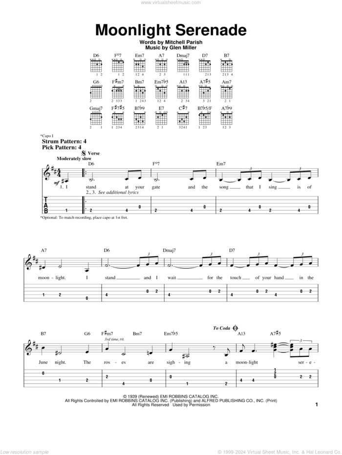 Moonlight Serenade sheet music for guitar solo (easy tablature) by Frank Sinatra, Glen Miller and Mitchell Parish, easy guitar (easy tablature)