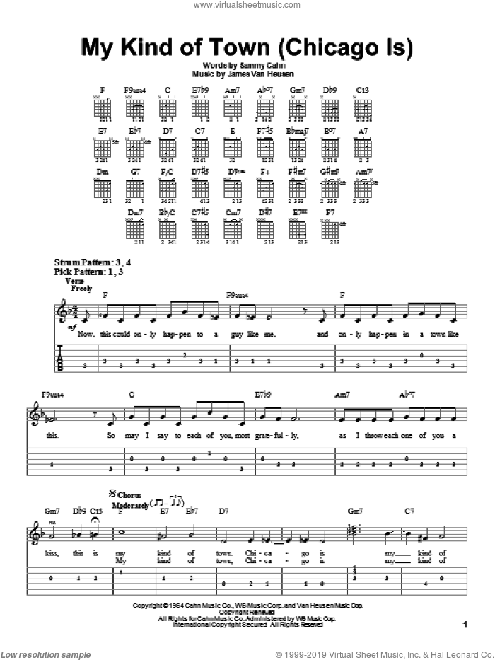 My Kind Of Town (Chicago Is) sheet music for guitar solo (easy tablature) by Frank Sinatra, Jimmy van Heusen and Sammy Cahn, easy guitar (easy tablature)