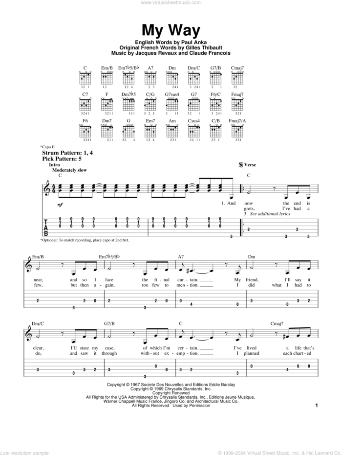 My Way sheet music for guitar solo (easy tablature) by Frank Sinatra, Elvis Presley, Claude Francois, Gilles Thibault, Jacques Revaux and Paul Anka, easy guitar (easy tablature)