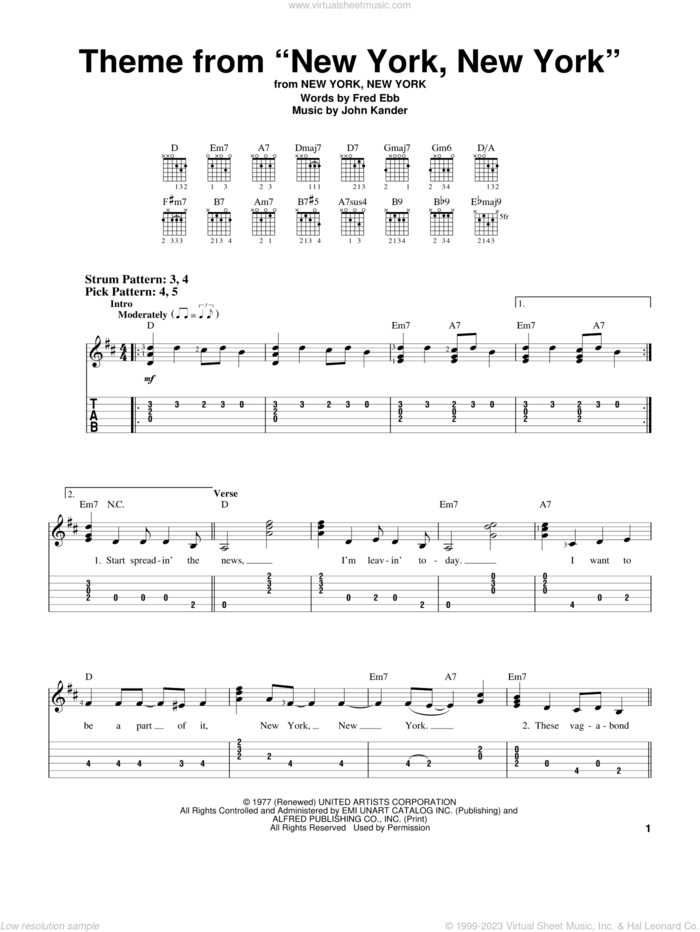 Theme From 'New York, New York' sheet music for guitar solo (easy tablature) by Frank Sinatra, Kander & Ebb, Liza Minnelli, Fred Ebb and John Kander, easy guitar (easy tablature)