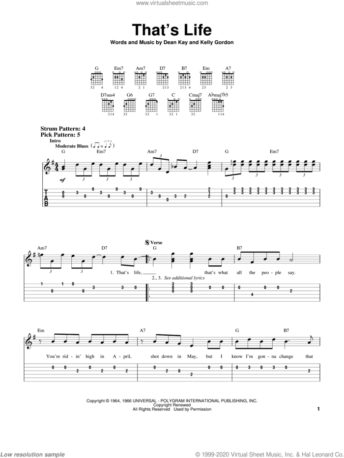 That's Life sheet music for guitar solo (easy tablature) by Frank Sinatra, Dean Kay and Kelly Gordon, easy guitar (easy tablature)