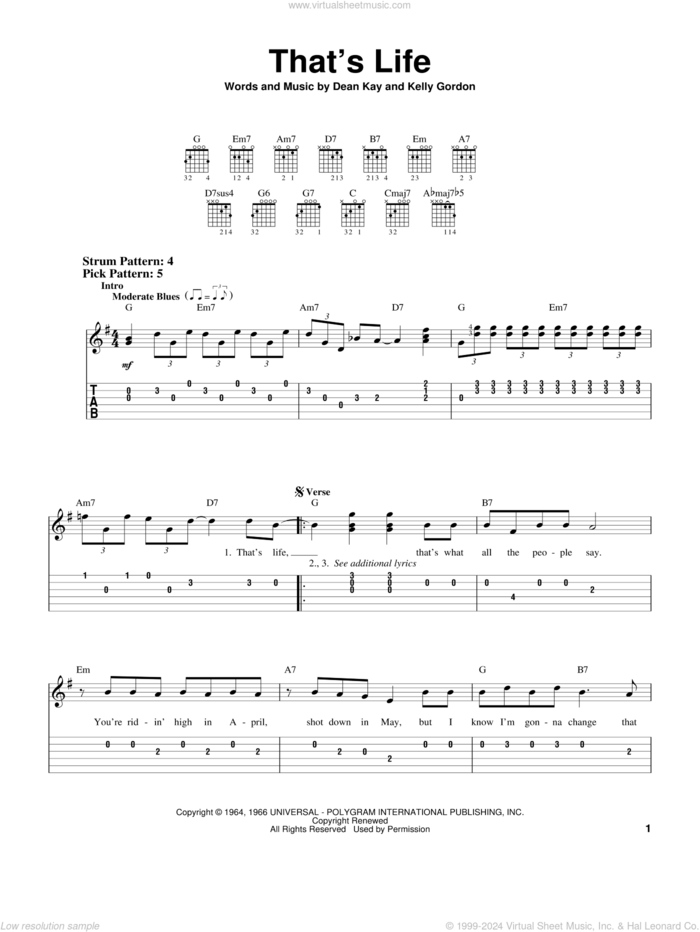 That's Life sheet music for guitar solo (easy tablature) by Frank Sinatra, Dean Kay and Kelly Gordon, easy guitar (easy tablature)